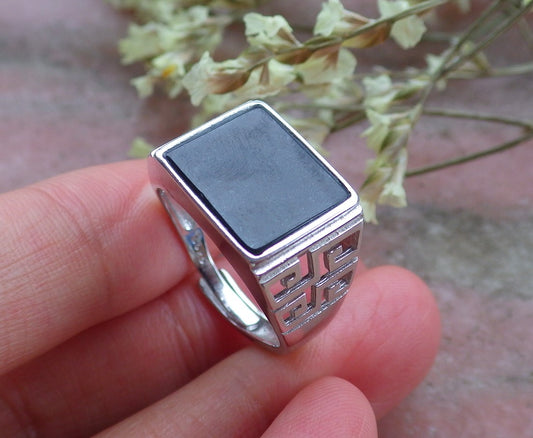 Sterling Silver 925 Dark Green Natural Myanmar Burma A Jade Jadeite Rectangle Ring ( Adjustable Ring )
