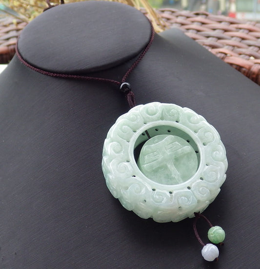 Certified Green 100% Natural Burma A Jade Jadeite Dragon Flower Pin an Circle Pendant Necklace