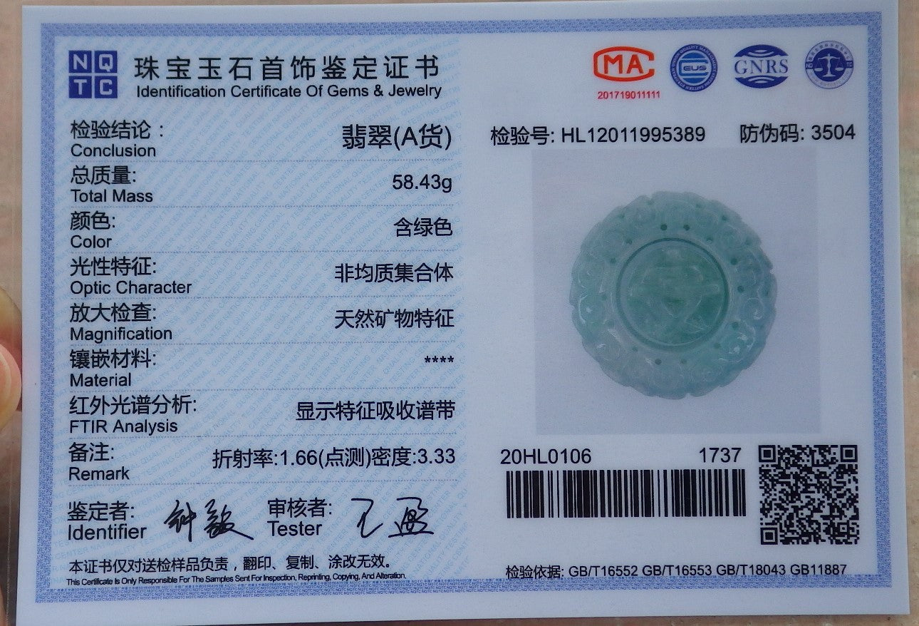 Certified Green 100% Natural Burma A Jade Jadeite Dragon Flower Pin an Circle Pendant Necklace