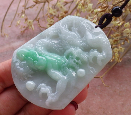 Certified Green 100% Natural Myanmar Burma A Jade Jadeite Dragon Lotus Flower Ruyi Pendant Necklace