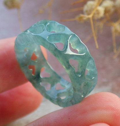 Certified Hand Carved Natural Blue Water Green Myanmar Burma Grade A Jade jadeite Two Ring
