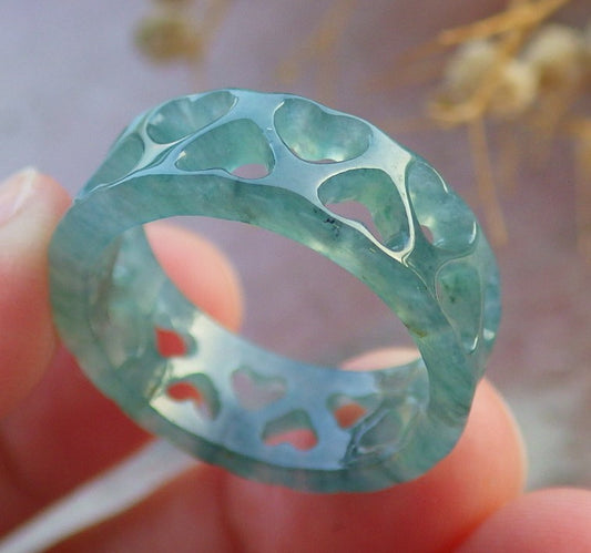 Certified Hand Carved Natural Blue Water Green Myanmar Burma Grade A Jade jadeite Two Ring