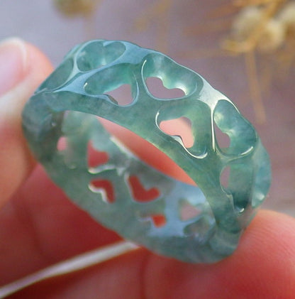 Certified Hand Carved Natural Blue Water Green Myanmar Burma Grade A Jade jadeite Two Ring