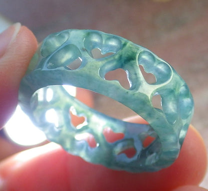 Certified Hand Carved Natural Blue Water Green Myanmar Burma Grade A Jade jadeite Two Ring
