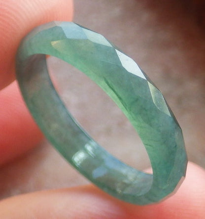 US 6.5 Certified Hand Carved Green Natural Grade A Jade jadeite Diamond Cut Circle Ring