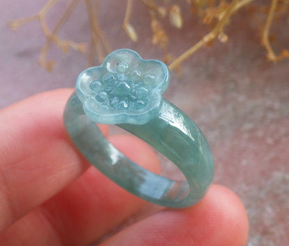 Certified Hand Carved Natural Blue Water Green Myanmar Burma Grade A Jade jadeite Two Ring