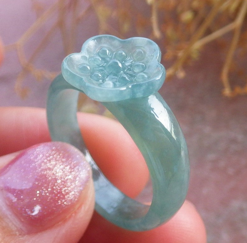 Certified Hand Carved Natural Blue Water Green Myanmar Burma Grade A Jade jadeite Two Ring