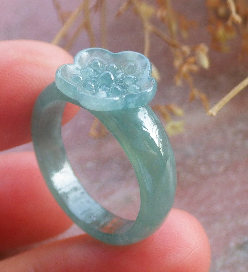 Certified Hand Carved Natural Blue Water Green Myanmar Burma Grade A Jade jadeite Two Ring