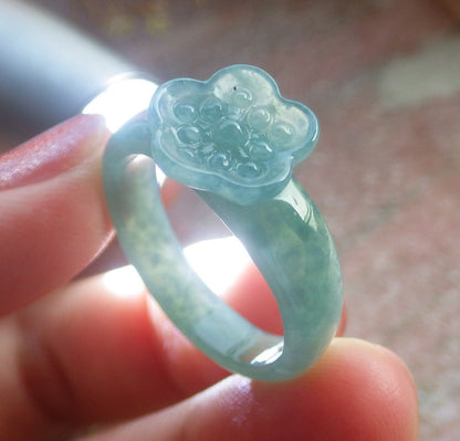 Certified Hand Carved Natural Blue Water Green Myanmar Burma Grade A Jade jadeite Two Ring