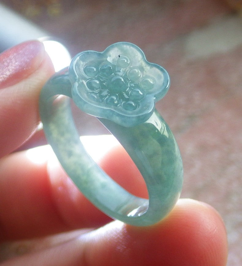 Certified Hand Carved Natural Blue Water Green Myanmar Burma Grade A Jade jadeite Two Ring