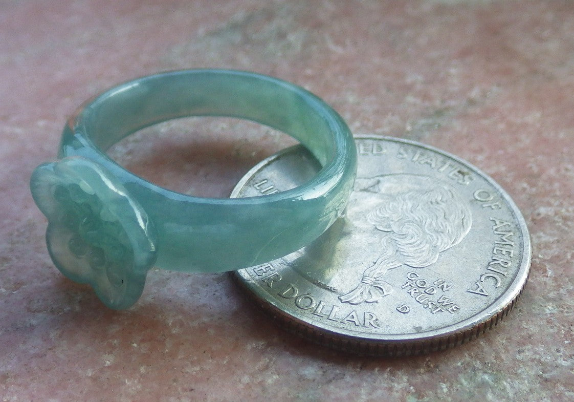 Certified Hand Carved Natural Blue Water Green Myanmar Burma Grade A Jade jadeite Two Ring