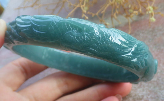 Certified Hand Carved Blue Water Green Natural Myanmar Burma A JADE Jadeite Phoenix Circle Bangle Bracelet 69mm