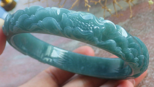 Certified Hand Carved Blue Water Green Natural Myanmar Burma A JADE Jadeite Phoenix Circle Bangle Bracelet 69mm