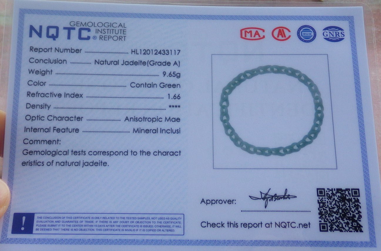 Certified Hand Carved Icy Green Natural Myanmar Burma A Jade Jadeite Hook Ring Bead Beads Bracelet