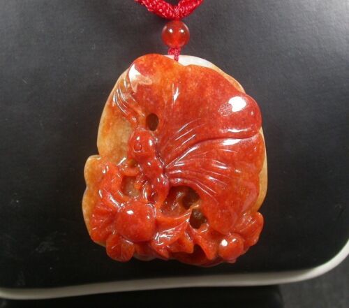 Certified Hand Carved Red Yellow Natural Myanmar Burma A Jade jadeite Butterfly Lotus Flower Pendant Necklace