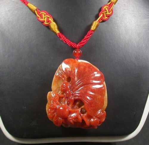 Certified Hand Carved Red Yellow Natural Myanmar Burma A Jade jadeite Butterfly Lotus Flower Pendant Necklace