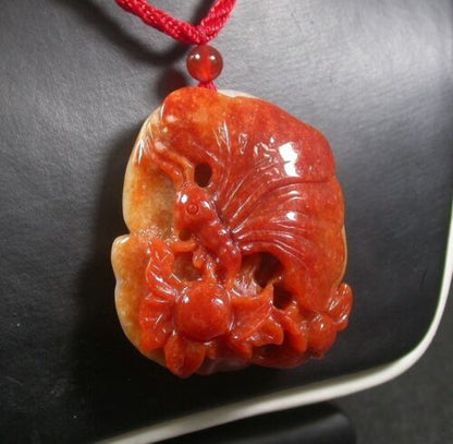 Certified Hand Carved Red Yellow Natural Myanmar Burma A Jade jadeite Butterfly Lotus Flower Pendant Necklace