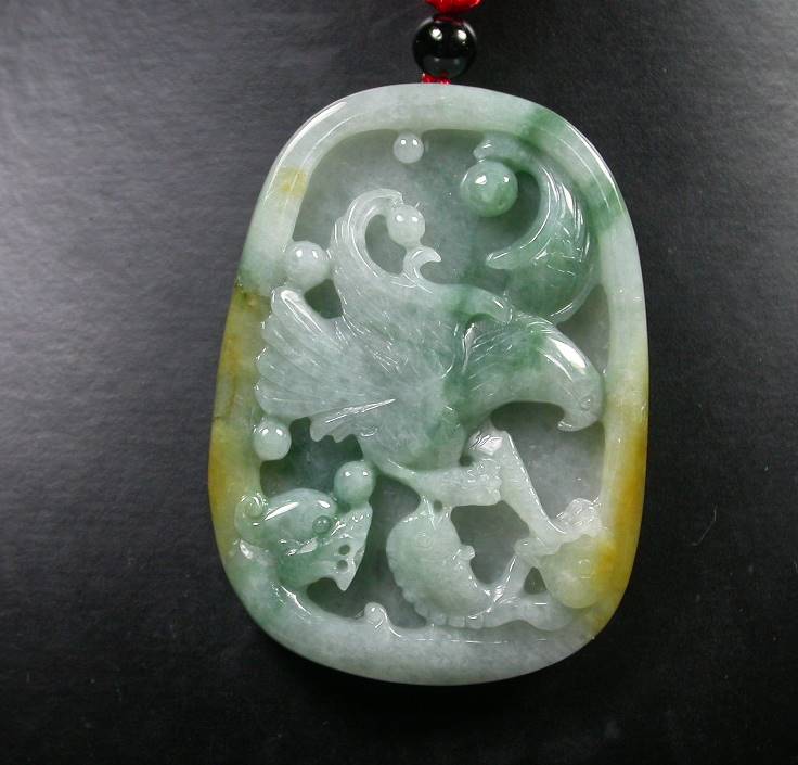 Certified Hand Carved 100% Natural Myanmar Burma A Jade Jadeite Dragon Eagle Fish Ruyi Pendant Necklace