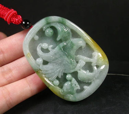 Certified Hand Carved 100% Natural Myanmar Burma A Jade Jadeite Dragon Eagle Fish Ruyi Pendant Necklace