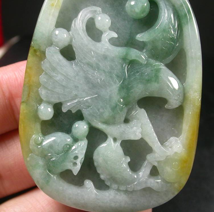 Certified Hand Carved 100% Natural Myanmar Burma A Jade Jadeite Dragon Eagle Fish Ruyi Pendant Necklace