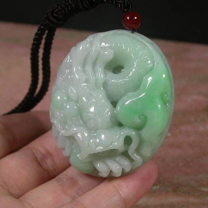 Certified Hand Carved Green Burma Natural A Jade jadeite Dragon Lotus Flower Pendant Necklace