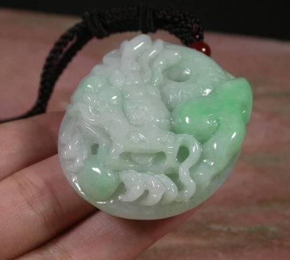 Certified Hand Carved Green Burma Natural A Jade jadeite Dragon Lotus Flower Pendant Necklace