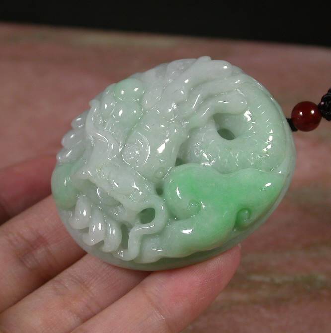 Certified Hand Carved Green Burma Natural A Jade jadeite Dragon Lotus Flower Pendant Necklace