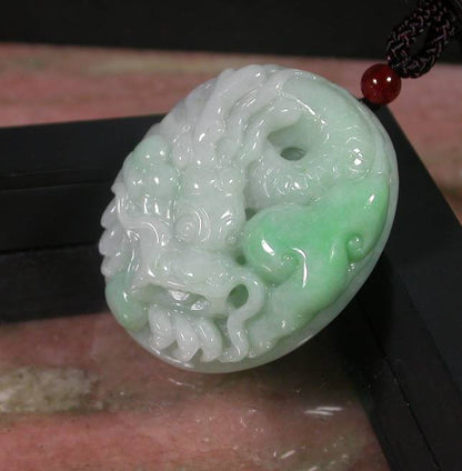 Certified Hand Carved Green Burma Natural A Jade jadeite Dragon Lotus Flower Pendant Necklace