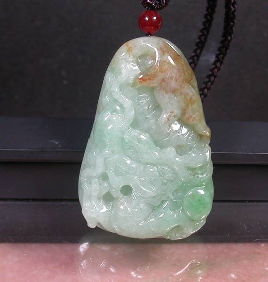 Certified Hand Carved Natural Myanmar Burma Grade A Jade jadeite Dragon Lotus Flower Pendant Necklace