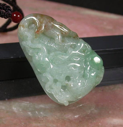 Certified Hand Carved Natural Myanmar Burma Grade A Jade jadeite Dragon Lotus Flower Pendant Necklace