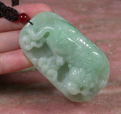 Certified Hand Carved Green Natural Myanmar Burma A Jade Jadeite Tiger Lotus Flower Pendant Necklace