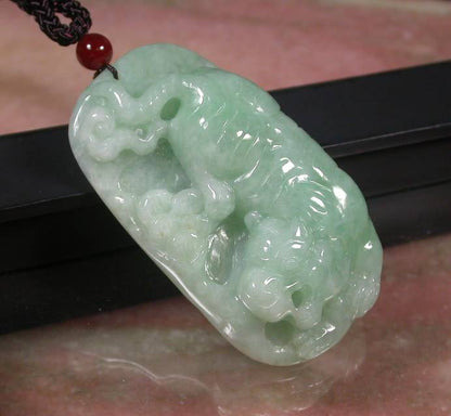 Certified Hand Carved Green Natural Myanmar Burma A Jade Jadeite Tiger Lotus Flower Pendant Necklace