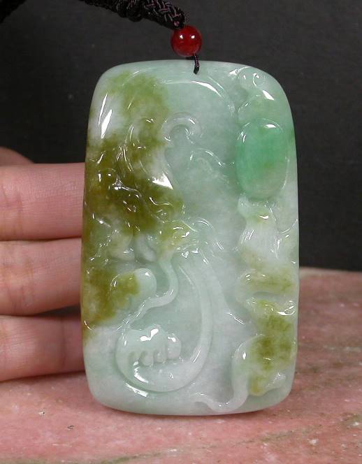 Certified Hand Carved Green Yellow Myanmar Burma A Jade jadeite Dragon Mouse Pendant Necklace