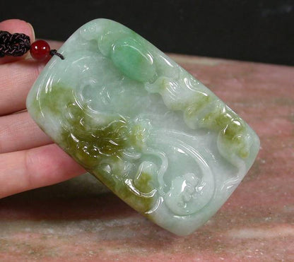 Certified Hand Carved Green Yellow Myanmar Burma A Jade jadeite Dragon Mouse Pendant Necklace