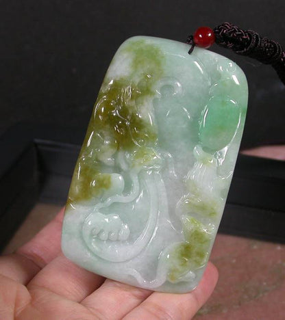 Certified Hand Carved Green Yellow Myanmar Burma A Jade jadeite Dragon Mouse Pendant Necklace