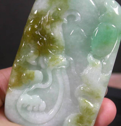 Certified Hand Carved Green Yellow Myanmar Burma A Jade jadeite Dragon Mouse Pendant Necklace