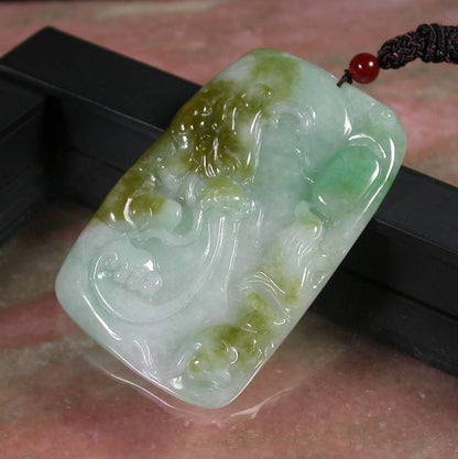 Certified Hand Carved Green Yellow Myanmar Burma A Jade jadeite Dragon Mouse Pendant Necklace