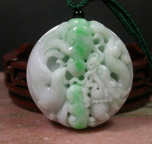 Certified Hand Carved Natural Myanmar Burma A Jade Jadeite Dragon Phoenix Lotus Pendant Necklace