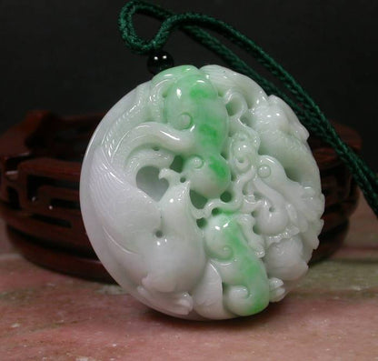 Certified Hand Carved Natural Myanmar Burma A Jade Jadeite Dragon Phoenix Lotus Pendant Necklace