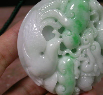 Certified Hand Carved Natural Myanmar Burma A Jade Jadeite Dragon Phoenix Lotus Pendant Necklace