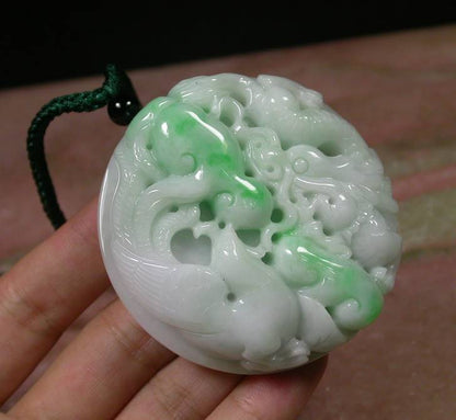 Certified Hand Carved Natural Myanmar Burma A Jade Jadeite Dragon Phoenix Lotus Pendant Necklace