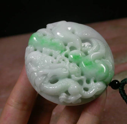 Certified Hand Carved Natural Myanmar Burma A Jade Jadeite Dragon Phoenix Lotus Pendant Necklace