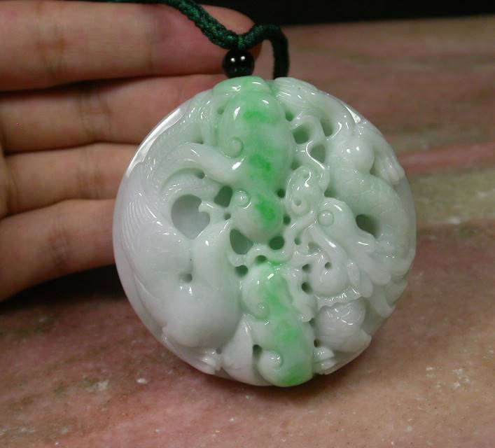 Certified Hand Carved Natural Myanmar Burma A Jade Jadeite Dragon Phoenix Lotus Pendant Necklace