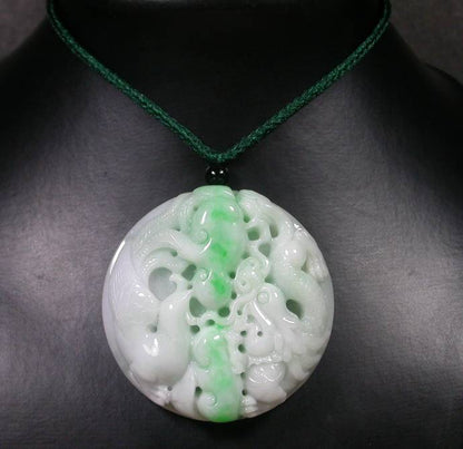 Certified Hand Carved Natural Myanmar Burma A Jade Jadeite Dragon Phoenix Lotus Pendant Necklace