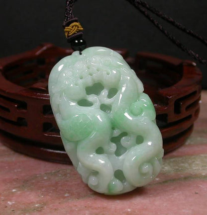 Certified Hand Carved Green Natural Myanmar Burma A Jade jadeite Dragon Phoenix Lotus Pendant Necklace