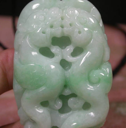 Certified Hand Carved Green Natural Myanmar Burma A Jade jadeite Dragon Phoenix Lotus Pendant Necklace