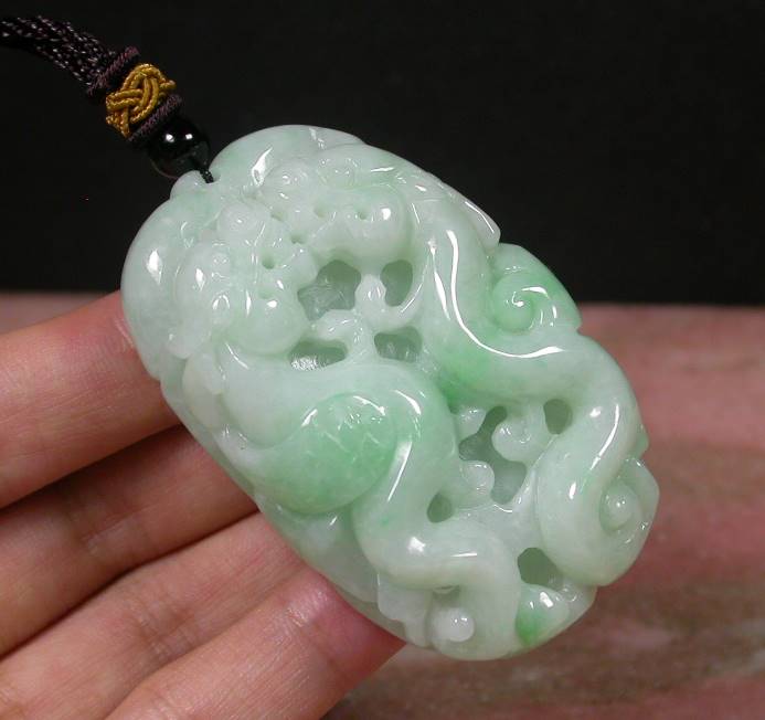 Certified Hand Carved Green Natural Myanmar Burma A Jade jadeite Dragon Phoenix Lotus Pendant Necklace