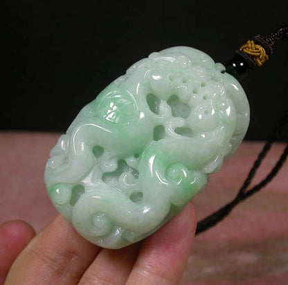 Certified Hand Carved Green Natural Myanmar Burma A Jade jadeite Dragon Phoenix Lotus Pendant Necklace