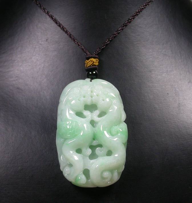 Certified Hand Carved Green Natural Myanmar Burma A Jade jadeite Dragon Phoenix Lotus Pendant Necklace