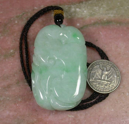 Certified Hand Carved Green Natural Myanmar Burma A Jade jadeite Dragon Phoenix Lotus Pendant Necklace